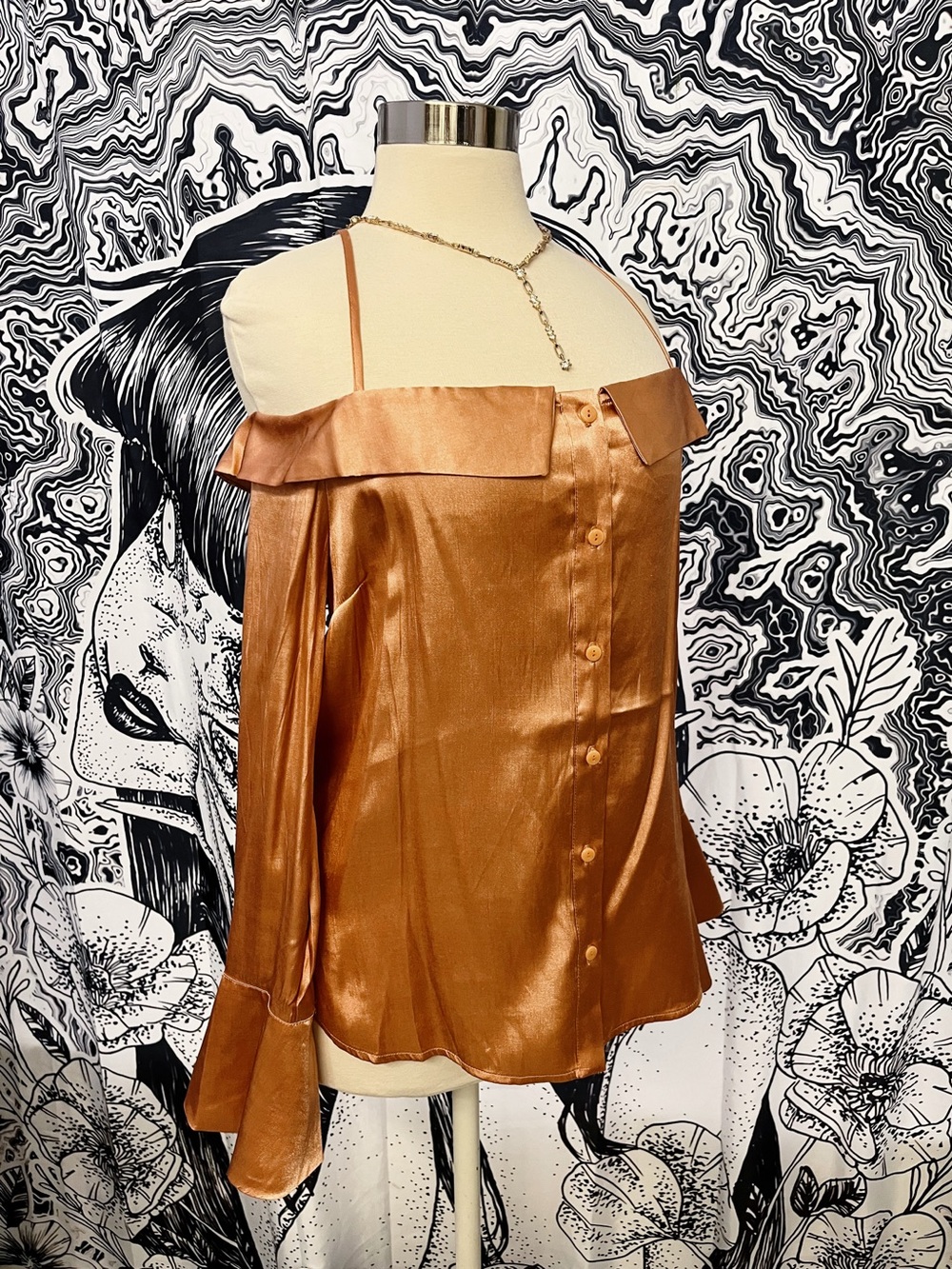 Forever 21 Copper Satin Off-Shoulder Button-Front Blouse